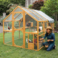 KEIKI 110"L Outdoor Large Chicken Coop with Waterproof Cover, Roosting Platform, Wire Mesh & 2 Lift Small Doors with Locks, Wood Chicken Coop House with Run for Cat Kitten Playpen, Duck, Rabbit, Quail