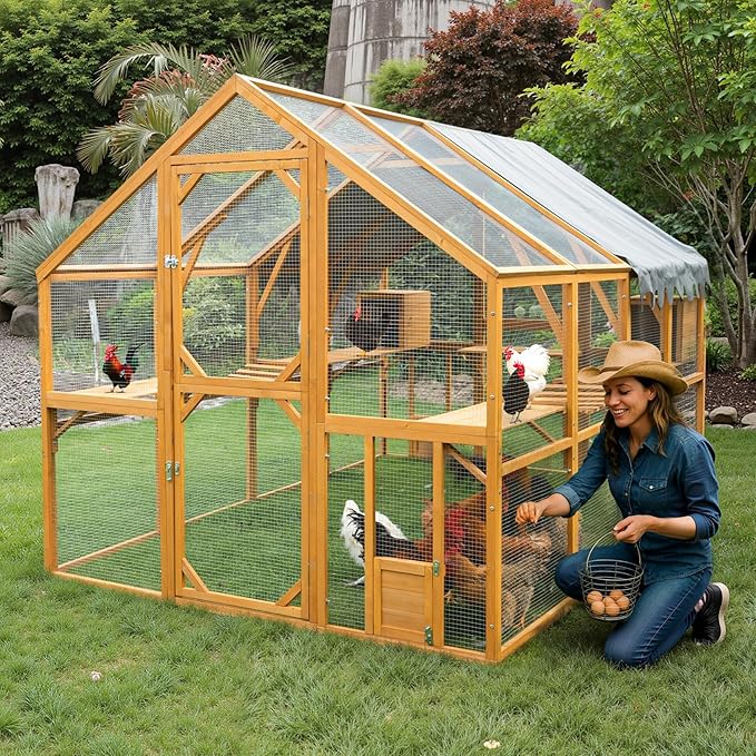 KEIKI 110"L Outdoor Large Chicken Coop with Waterproof Cover, Roosting Platform, Wire Mesh & 2 Lift Small Doors with Locks, Wood Chicken Coop House with Run for Cat Kitten Playpen, Duck, Rabbit, Quail