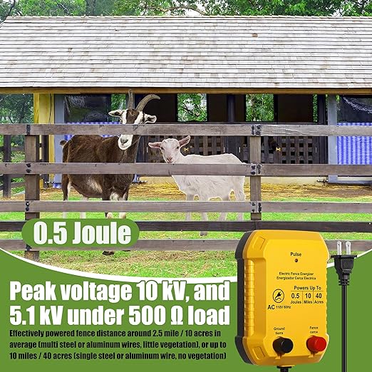 Electric Fence for Preventing Animals Intruding 2 Mile 110VAC 0.5 Joule Electric Plug in Fence, 50 Black Insulator and 1 Socket Tool 250ft Aluminum Wire for Animals and Keep Out Predators