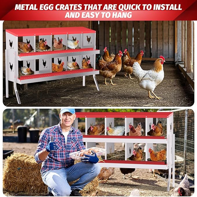 Chicken Nesting Boxes for Hens - 6&8&10 Compartments Roll Away Chicken Laying Boxes with Sturdy Metal Legs & Protective Lid Cover, Durable Galvanized Steel Construction, Easy Clean Design
