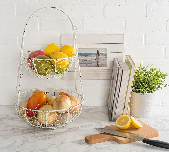 DII Metal Kitchen Storage Collection Farmhouse Stand 2-Tier Fruit Basket, Antique White