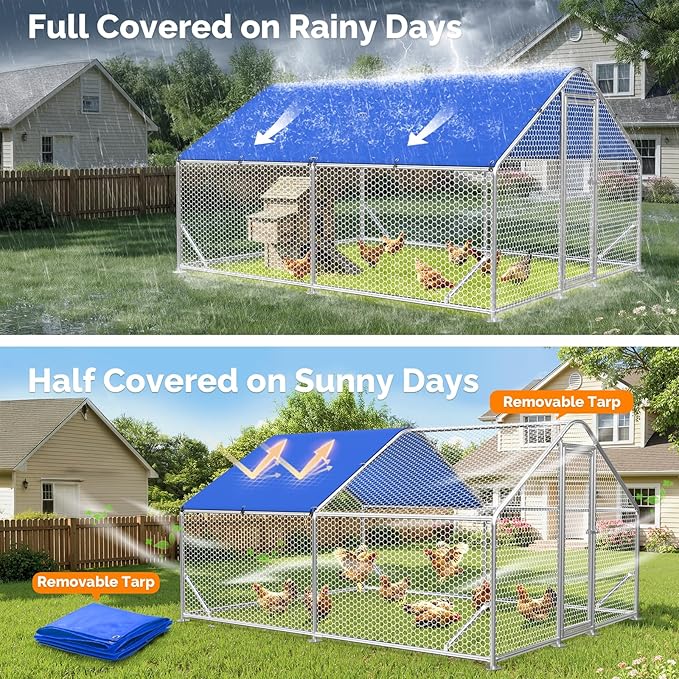 Large Metal Chicken Coop with Hexagonal Chicken Wire, Chicken Coop Run Pen for Yard with Waterproof Cover, Outdoor Large Walk-in Chicken Coops for 20 Chickens Duck Pen House Cage Run