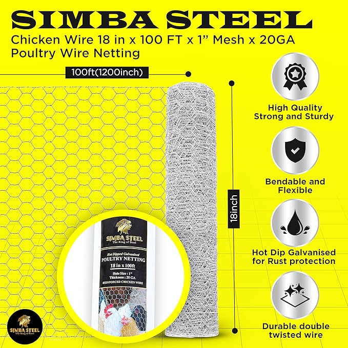 Chicken Wire 18 in x 100 FT x 1” Mesh x 20GA | Poultry Wire Netting | Hot Dipped Galvanised | Hexagonal Galvanized Mesh for Chicken Coop, Rabbit Fence (PM 18 x 100)