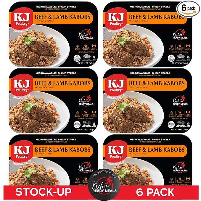 KJ Poultry Kosher Ready Meals - Beef Lamb Kabob & Quinoa, MRE Meat Meals Ready to Eat (6 Pack) Prepared Entree Fully Cooked, Shelf Stable Microwave Dinner Travel, Military, Camping, Emergency Survival
