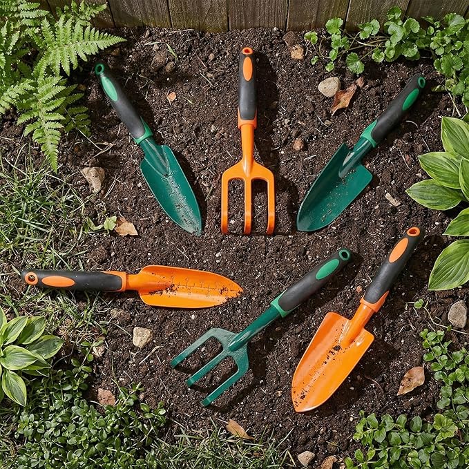 6 Pcs Colorful Garden Tools Set Heavy Duty Gardening Tools Set Include Garden Shovel Transplant Trowel and Hand Rake with Ergonomic Handle Aluminum Alloy Lawn for Planting Gifts Men Women