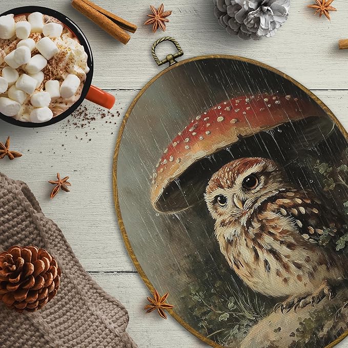 CUANFDDSF Owl Mushroom Nature Aesthetic Oval Wall Art Decor, Rustic Cottagecore Woodland Nursery Wall Hanging Decor, Dark Academia Wild Animal Framed Canvas Prints for Gallery Bedroom, 8.6x11.4 Inch