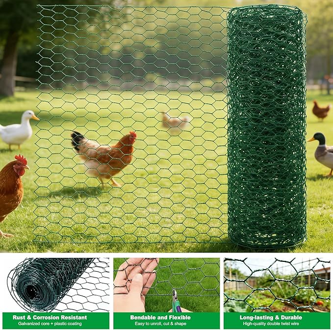 Chicken Poultry Wire Fencing,4inx10ft Vinyl Coated Hardware Cloth Rust-Resistant Hexagonal Mesh Roll with Snips/Gloves for Vegetable/Garden/Pets/Plants/Netting