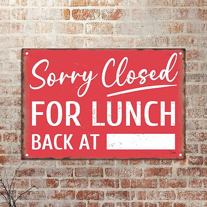 Sanwarm Metal Sign 8X12 Inch, Sorry Closed for Lunch Back At Notice Gone To Lunch Vintage Tin Sign Wall Art Decor for Store, Office, Hotel, Cafe and Pub Decoration