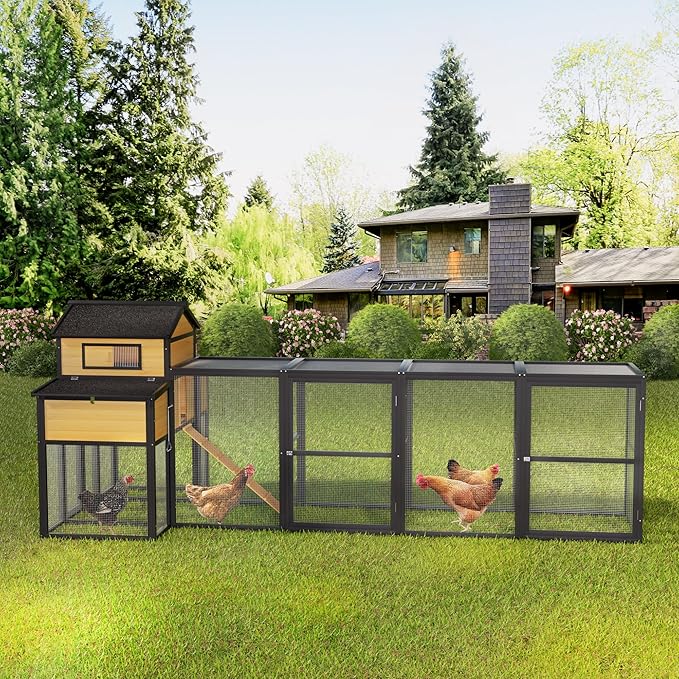 Large Wooden Chicken Coop Outdoor Hen House with Nesting Box，Walk-in Poultry Cage with Secure Locks, Metal Mesh Run for Backyard Farm Use (Black 150")