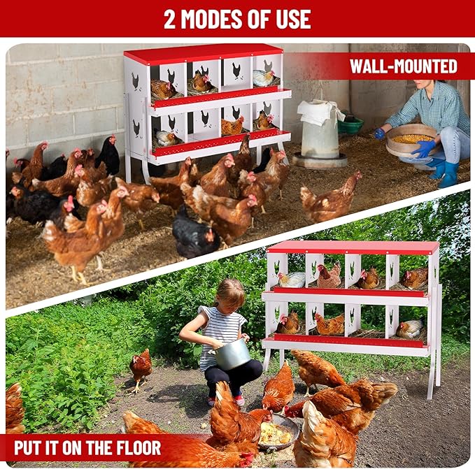 GarveeLife Nesting Boxes for Chickens, 8 Compartment Chicken Nesting Box with Metal Legs, Metal Chicken Laying Boxes with Perch, Secure Lid, Versatile Wall Mount or Free Standing for Hens, Red