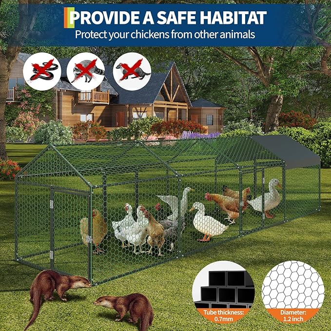 Metal Chicken Coop Outdoor Run, Predator-Proof Poultry Cage with Waterproof & Anti-UV Cover, Secure Hen House with Safety Lock for Backyard, Rabbits, Ducks & Geese, Black 160" X40" X40"