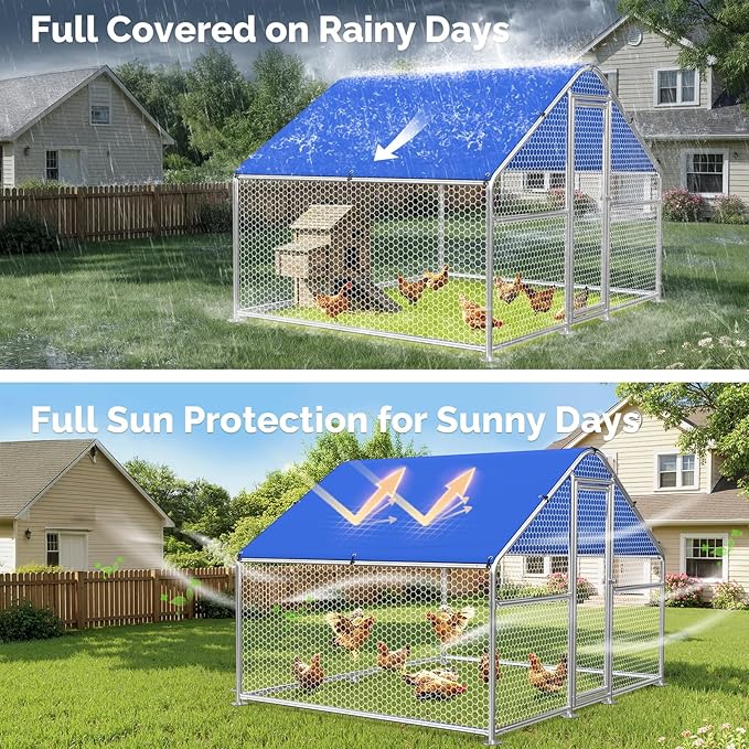 Large Metal Chicken Coop with Hexagonal Chicken Wire, Chicken Coop Run Pen for Yard with Waterproof Cover, Outdoor Large Walk-in Chicken Coops for 8 Chickens Duck Pen House Cage Run