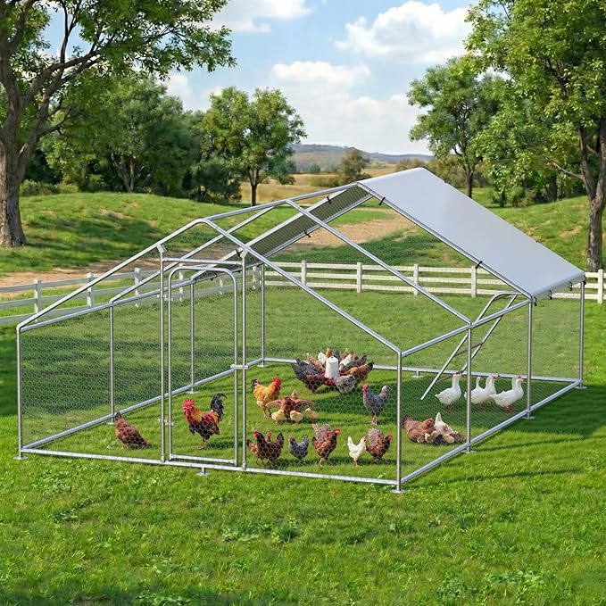 Large Metal Chicken Coop Run with Roosting Perch, Outdoor Waterproof & UV-Resistant Cover for Chickens, Ducks, Rabbits, and Hens in Yard or Farm Use Spire Roof (13.1'Wx19.7'Lx 6.5'H)