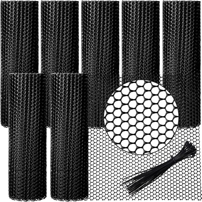 Landical 6 Rolls Plastic Chicken Wire Fencing Mesh 15.7 in x 10 ft Each Plastic Mesh Fence with Zip Ties Hexagonal Poultry Netting Garden Fencing Cat Fencing and Bird Netting(Black)