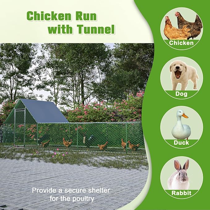 KEIKI Large Metal Chicken Coop, Metal Chicken Run with Waterproof Cover, Farm Poultry Run Hutch Hen House, Outdoor Walk-in Chicken Pen for Poultry Duck Rabbit, 9.93ft x 3.52ft x 4.97ft