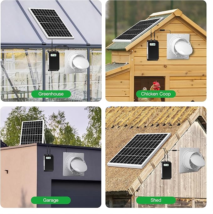 Solar Powered Rechargeable Exhaust Fan, 25W Solar 8" Ventilation Vent Fan with 66.6 Wh Battery Backup for Outside Greenhouse, Chicken Coop, Shed, Pet House