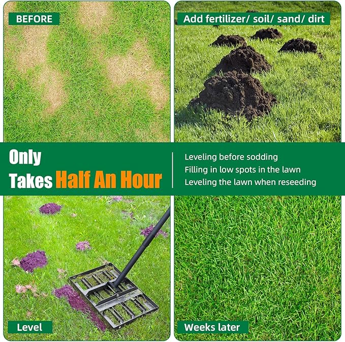 Lawn Leveling rake 17"x9.4" Levelawn Tool with 70.5" Adjustable Long Handle Heavy Duty Landscape Leveling Rake Lawn Leveler Yard Tool for Backyard, Golf Course, Garden, Pasture, Farm