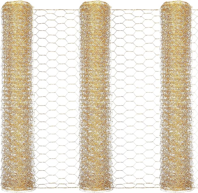 Shappy 3 Pieces 40 x 13 inches Gold Chicken Wire Net for Craft Projects Lightweight Galvanized Hexagonal Frame Chicken Wire Mesh for Unfinished Wooden Window Frames DIY Craft Work Home Decor