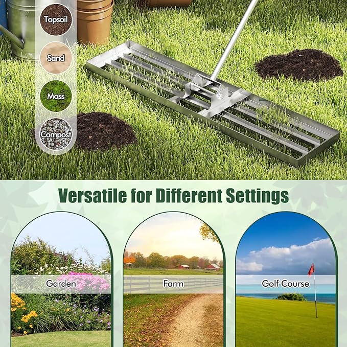 Happygrill Lawn Leveling Rake, Heavy Duty Lawn Level Tool for Soil w/67” Handle, Dirt Ground Leveler, Effort-Saving Landscape Rake for Garden, Backyard, Golf Course, Farm, Pasture (42" x 10", Silver)