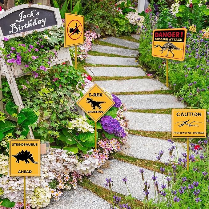 WERNNSAI Dinosaur Birthday Decorations - 12 PCS Dinosaur Party Supplies for Boys Kids Dino Birthday Funny Sign Decor for Jurassic Theme Baby Shower Holiday Party Favors Caution T-Rex Sign Wall Decor