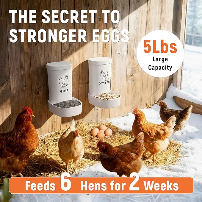 Chicken Grit and Oyster Shell Feeder, 2 Pack No Waste Hanging Chicken Feeder Combo, Waterproof ABS Automatic Gravity Poultry Feeder with Lid Rounded Edges, Coop Accessories for Healthier Hens and Eggs