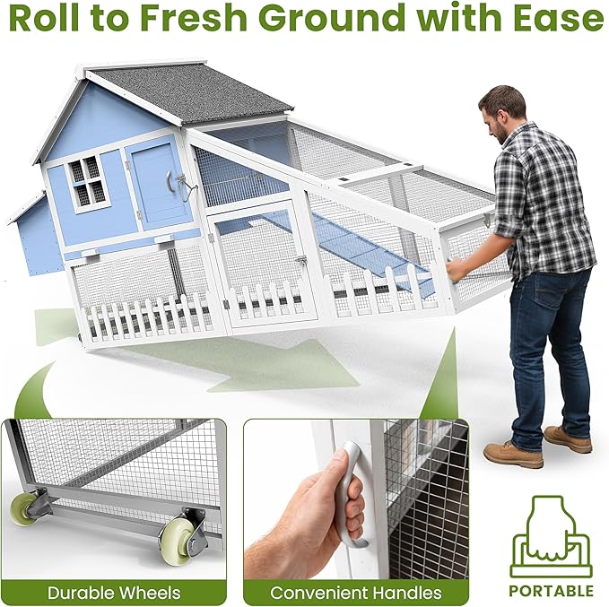 Weatherproof Wooden Chicken Coop – Indoor & Outdoor Walk-in Hen House with Run, Nesting Box, and Pull-Out Tray – Portable Backyard Poultry Cage for Easy Cleaning and Predator Protection