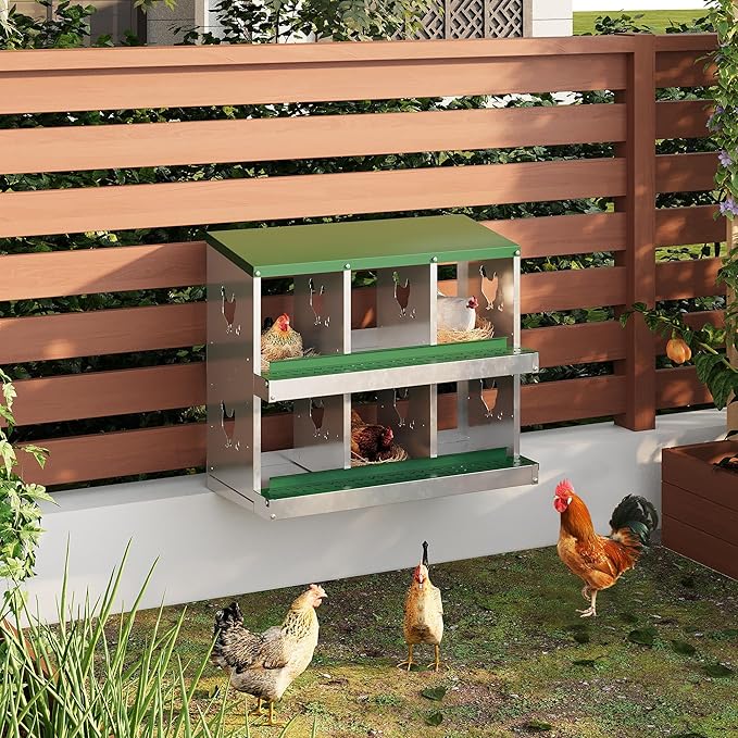 6-Compartment Metal Chicken Nesting Box - with Perch, Secure Lid & Metal Legs, Wall-Mount or Free-Standing Nesting Boxes for Hens