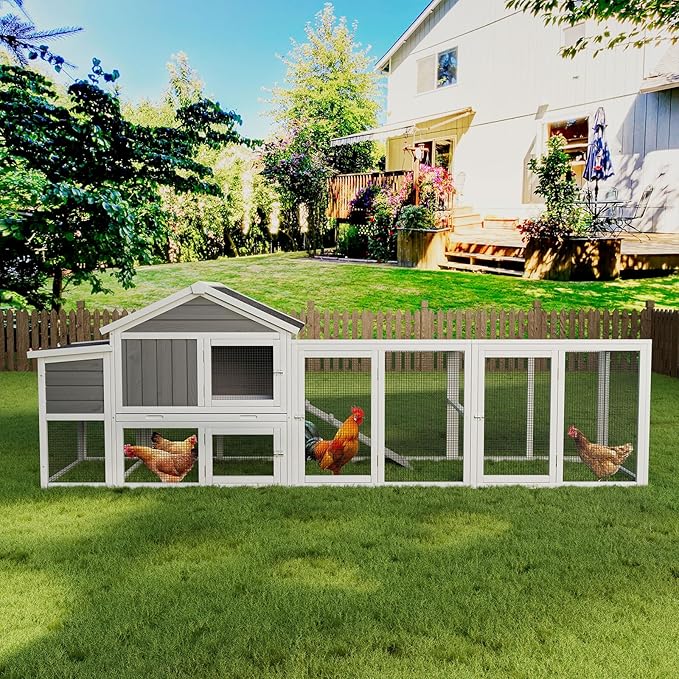 Large Wooden Chicken Coop Outdoor Hen House with Run, Waterproof Roof & Nesting Box, Secure Lock, Removable Tray, Ramp & Perch for 2–4 Chickens or Small Pets (Gray, 113.5")