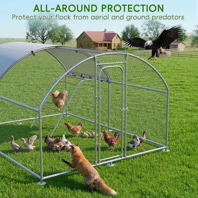 Large Metal Chicken Coop with Roosting Perch, Waterproof and UV-Resistant Cover,Outdoor Walk-in Cage Hen House for Yard Farm Rabbit Duck Chicken Run Dome Roof (10’ W x 13.2’ L x 6.4’ H)