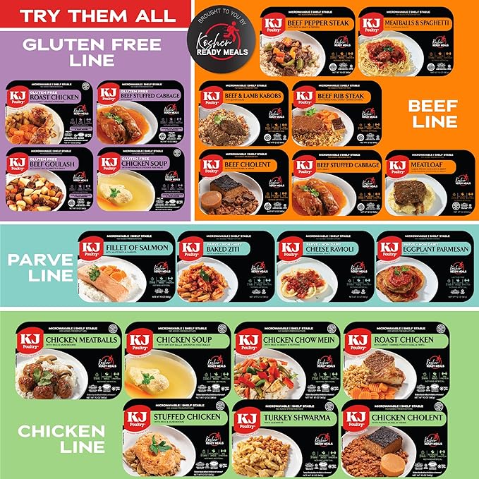 KJ Poultry Kosher Ready Meals - Chicken Chow Mein, MRE Meat Meals Ready to Eat, Gluten Free, Halal, (12 Pack) Prepared Entree Fully Cooked, Shelf Stable Microwave Dinner Travel Military Camping