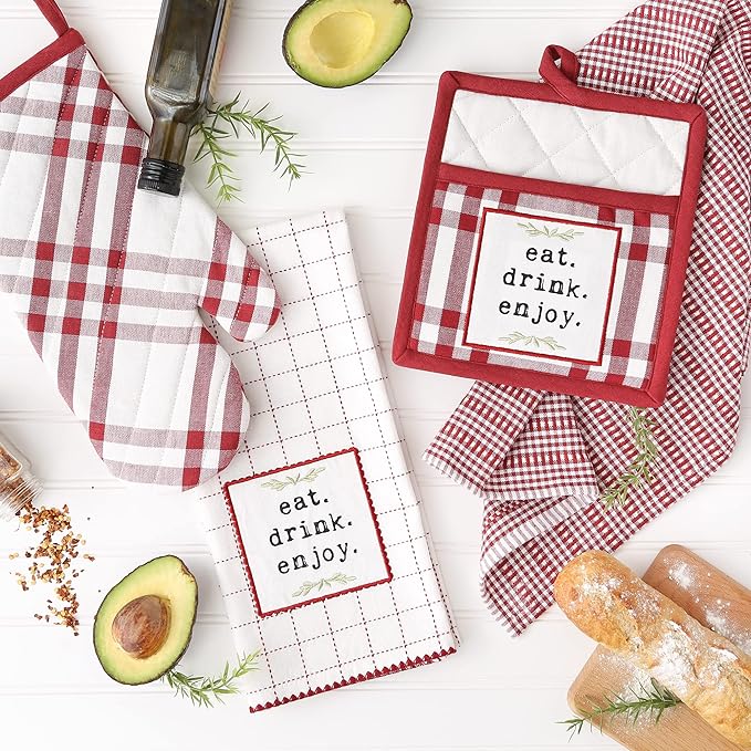 DII Home Sweet Farmhouse Kitchen Collection, Potholder/Oven Mitt/Dishtowel Set, Barn Red, 4 Count