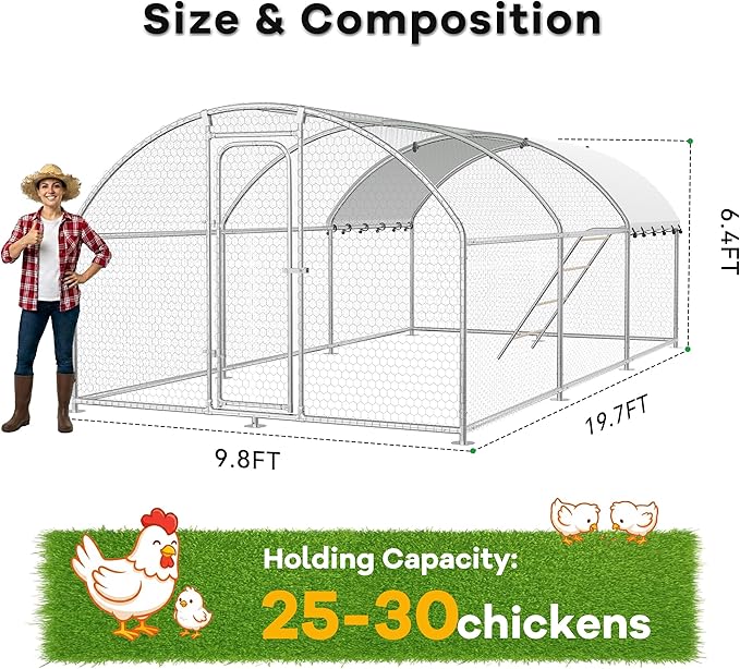 Large Metal Chicken Coop Walk-in Poultry Cage with Waterproof Roosting Perch and UV-Resistant Cover, Outdoor Chicken Run Poultry Hen House for Backyard Farm Use, Dome Roof (10’ W x 19.7’ L x 6.4’ H)