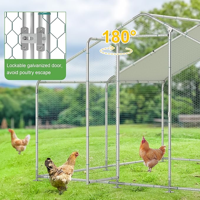Large Metal Chicken Run, Chicken Coop with Lockable Door Spire Shape Walk-in Chicken Hen House with Waterproof & Anti-UV Cover for Duck Rabbit Habitat Cage Outdoor Poultry Cage for Yard Farm