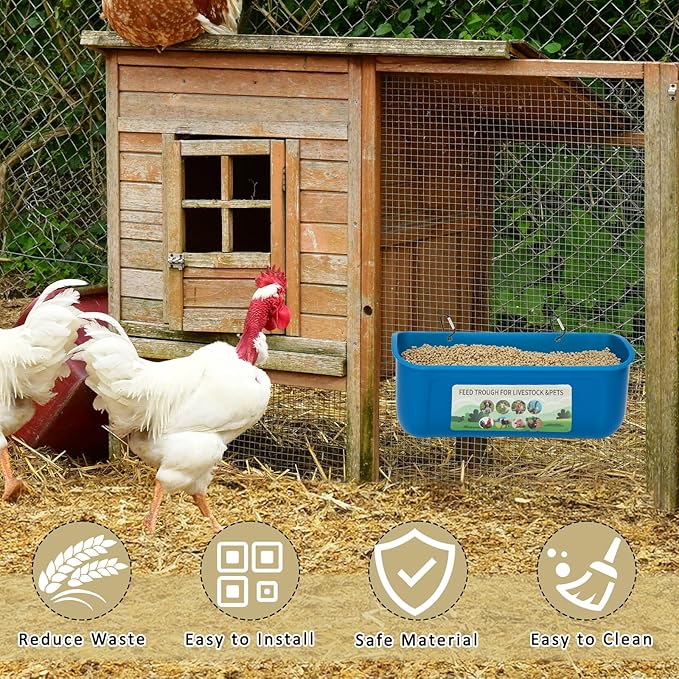 10 Pack Fence Feed Feeder 4.5 Quart Hanging Chicken Feeder Trough with Brush & Scoop Blue Goat Hanging Fence Feeders Feeder with Hooks Screws & Zip Tie for Livestock Feeding Container Goats Supplies