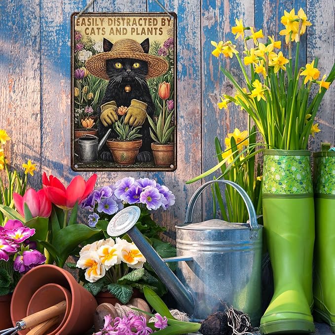 PEACHGARDEN Garden Sign Cat Outside Sign Easily Distracted by Cats and Plants Vintage Funny Metal Wall Art for Home Farmhouse Kitchen Outdoor Gift 8x12inch