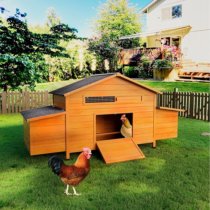 Large Wooden Chicken Coop Outdoor Hen House with Nesting Box，Walk-in Poultry Cage with Secure Locks, Metal Mesh Run for Backyard Farm Use (Brick red 67.7")