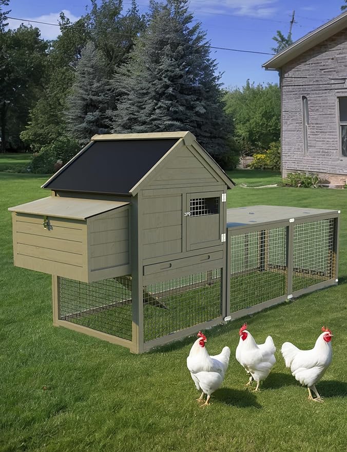 Chicken Coop, Wooden Chicken Coop for 3-5 Chickens, 109in Outdoor Coop with Run, Waterproof Roof, Nesting Box, Pull Out Trays and Ramp, Brown