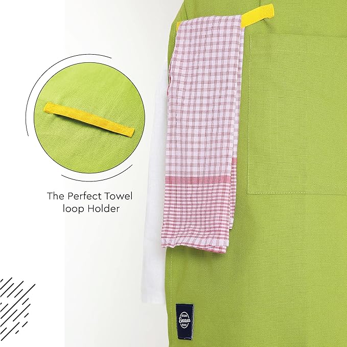 Encasa XO Adjustable Kitchen Cotton Apron With Pockets & Towel Holder Of Size 27x33 in (Lime Green) for Men & Women Chefs For Cooking & Baking in Home, Restaurants & Barbeque