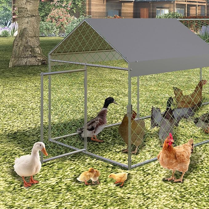 120"x40"x40" Large Walk-in Metal Chicken Coop with Waterproof Anti-UV Cover, Outdoor Chicken Run for Chickens, Ducks, Rabbits & Geese, Heavy-Duty Outdoor Enclosure, Silver