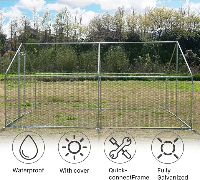Large Metal Chicken Coop Walk-in Poultry Cage Hen Run House Spire Shaped Cage with Waterproof and Anti-Ultraviolet Cover for Outdoor Backyard Farm Use (13.2’ L × 9.84’ W)
