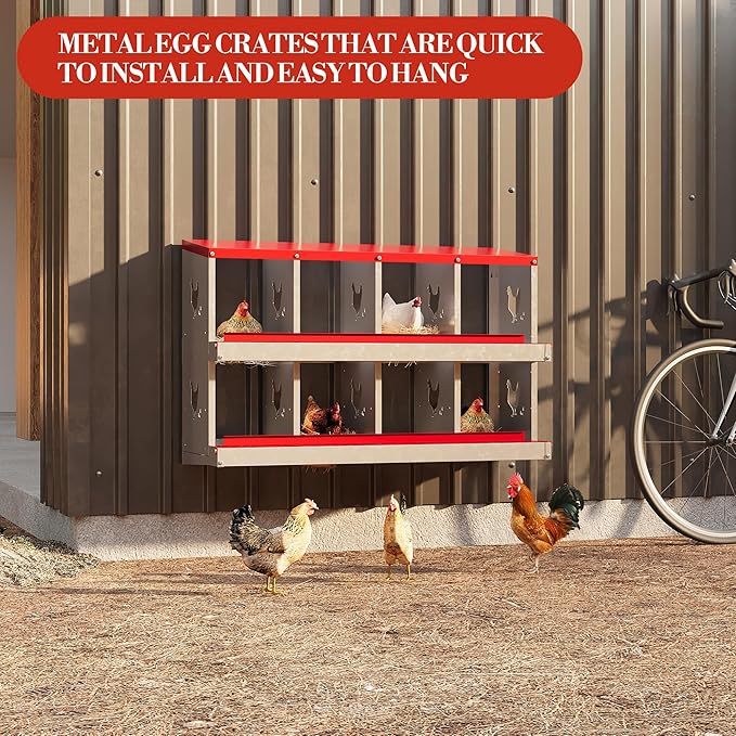 Metal Nesting Boxes for Chickens - 8 Compartments Chicken Roosting Boxes, Chicken Coop Nest Box with Perch & Lid - Versatile Wall Mount or Free Standing for Backyard Flocks, Homesteads, Farms