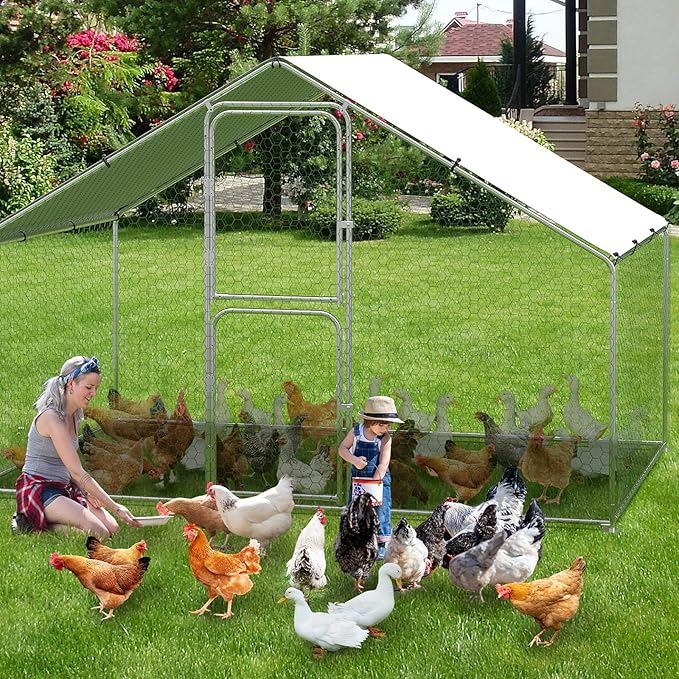 GarveeLife Large Metal Chicken Coop with Waterproof and Anti-UV Cover, Walk-in Poultry Cage, Outdoor Chicken Run for Backyard Farm Use, 9.8x6.5x6.5 FT