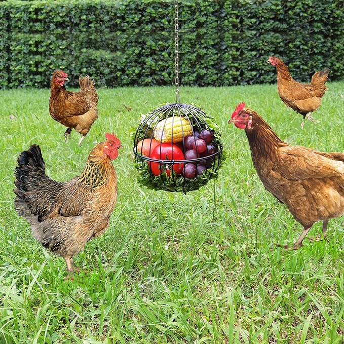 Hanging Chicken Feeder - 7.1 Inch Large Iron Chicken Veggie Treat Ball - Sturdy Chicken Treat Holder with 15.7 Inch Hanging Chain - Black