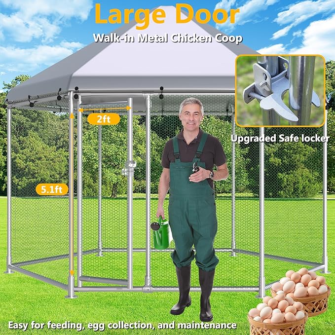 HITTITE Large Metal Chicken Coop with Run, 13.2 x 11.4 x 8.6 ft Walk in Poultry Cage Chicken Run Pen, Hexagonal Roof Outdoor Chicken Runs for Yard with Waterproof & Anti-UV Cover