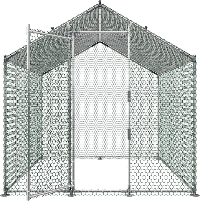 VEVOR Metal Chicken Coop, 6.56x6.56x6.56ft Large Walk-in Chicken Runs with Cover, Spire Roof Hen House Enclosure with Security Lock, Outdoor Duck Rabbit Cage Poultry Pen for Backyard, Farm, Yard