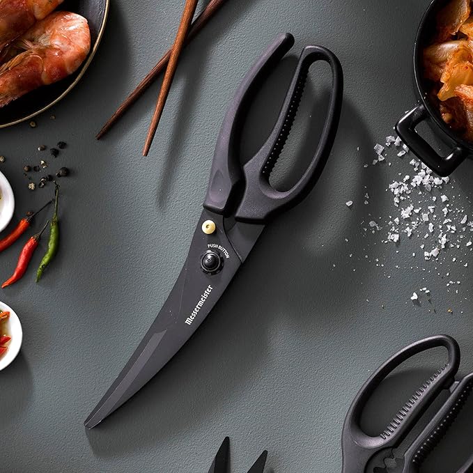 Messermeister 10-Inch Push Button Take-Apart Poultry Shears, Titanium Black - High-Carbon Stainless Steel & Soft-Grip Handles - Includes Nut Cracker & Bottle Opener