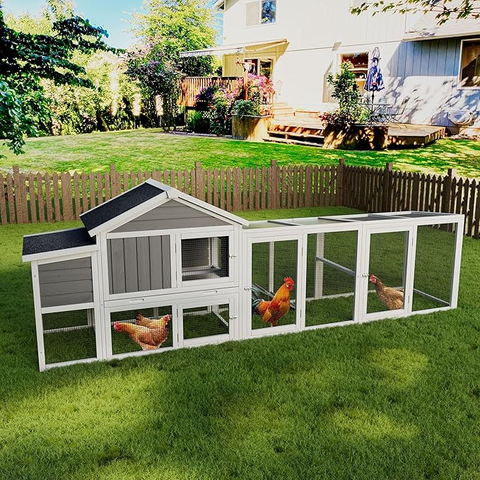 Large Wooden Chicken Coop with Enclosed Run & Nesting Box Outdoor Hen House with Asphalt Roof Removable Tray Ramp Perch Secure Locks for 2–4 Chickens (Gray)