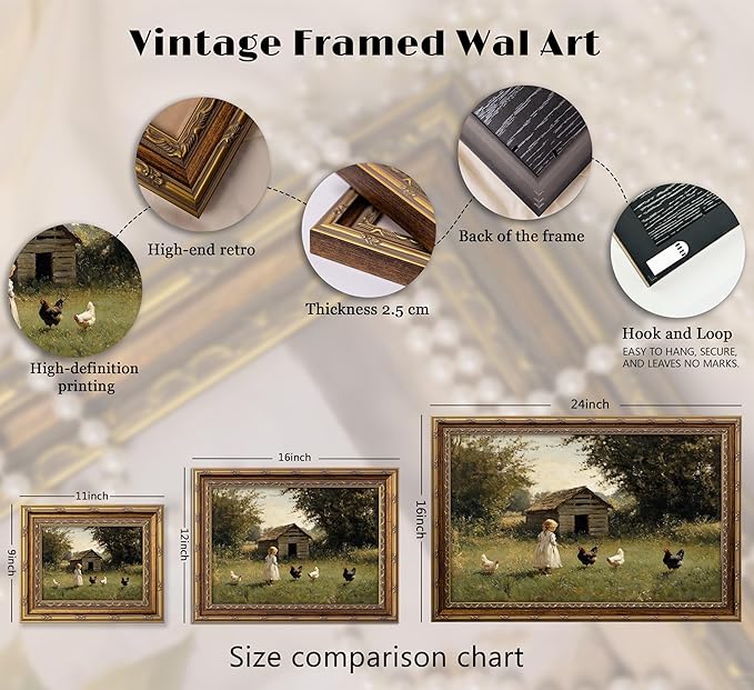 Vintage Gold Framed Farmhouse Chicken Wall Art Retro Country Farm Girl and Chicken Canvas Wall Decor Retro Rustic Poster Artwork Farmhouse Animal Picture for Home Living Bedroom 12x16in