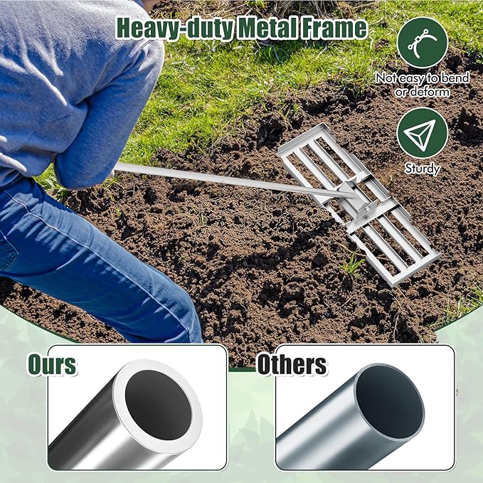 Happygrill Lawn Leveling Rake, Heavy Duty Lawn Level Tool for Soil w/67” Handle, Dirt Ground Leveler, Effort-Saving Landscape Rake for Garden, Backyard, Golf Course, Farm, Pasture (30" x 10", Silver)