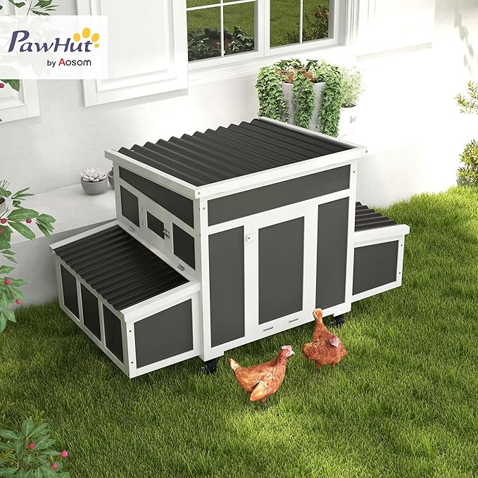 PawHut Wooden Chicken Coop, Chicken Tractor for 6 Chickens, Outdoor Poultry Cage Rabbit Hutch Duck Coop Hen House with Nesting Box, Tray, Windows, Dark Gray
